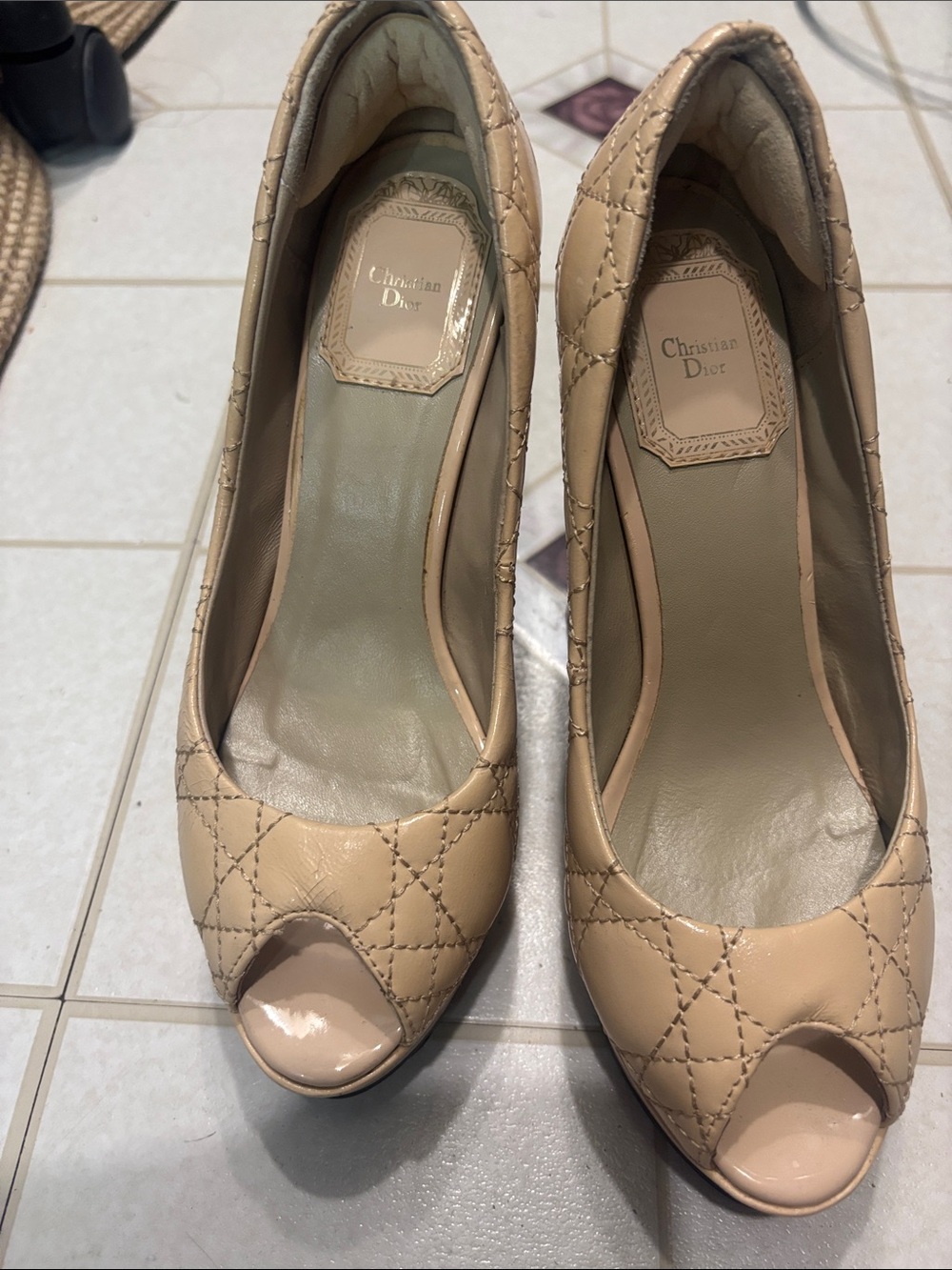 Dior Quilted Beige Patent Leather Peep-Toe Pumps